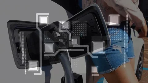 Animation of connections and data processing over woman charging car Stock Footage 329710676