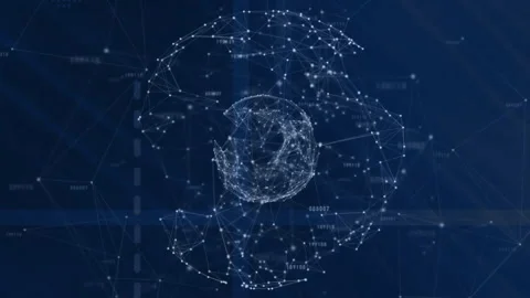 Animation of connections and digital data processing with globe over blue 库存影片 310678124