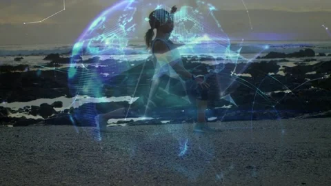 Animation of connections and globe over woman practicing yoga on beach at sunset Stock Footage 327354606