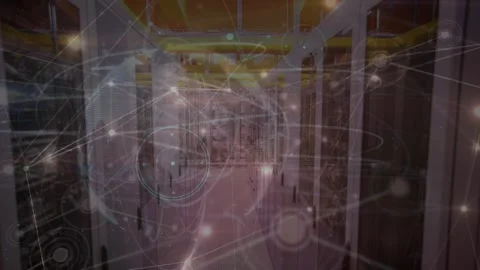 Animation of connections and globe rotating over server room Stock Footage 330583291
