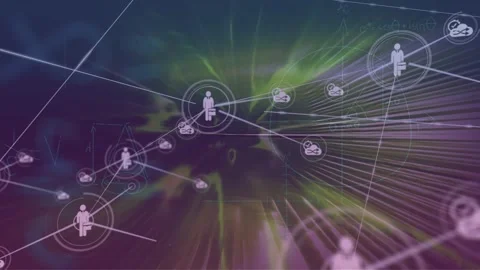 Animation of connections and math formulas over moving violet and green Stock Footage 327845746