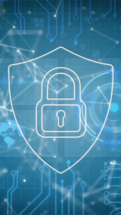 Animation of connections, data and digital shield with padlock on blue Stock Footage 341956151