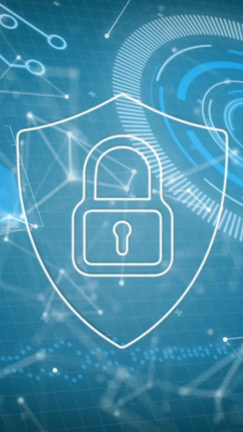 Animation of connections, data and digital shield with padlock on blue Stock Footage 341991215