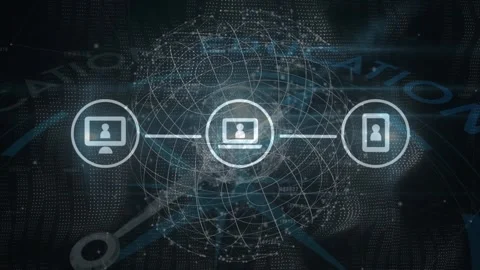 Animation of connections, globe and tech icons over black digital space Stock Footage 328518525