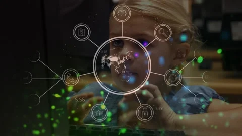 Animation of connections with globe over caucasian girl using computer Stock Footage 327645677