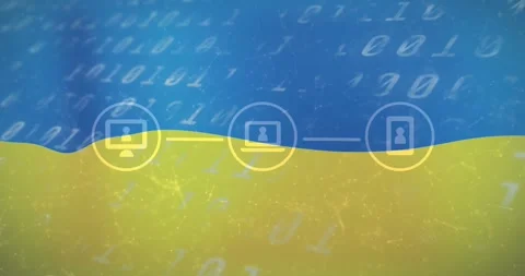 Animation of connections with icons and binary code over flag of ukraine Stock Footage 328810584