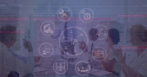 Animation of connections with icons and data processing over business people Видео 326408573
