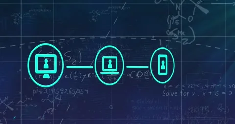 Animation of connections with icons and math formulas on navy background Stock Footage 329420945