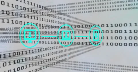 Animation of connections with icons, digital data processing over binary coding Stock Footage 307815682