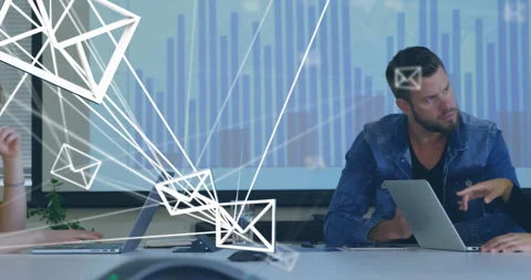 Animation of connections with mail icons data processing over diverse business Stock Footage 307471396