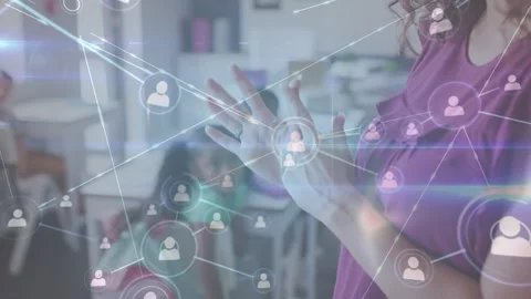 Animation of connections over midsection of caucasian female teacher and class Stock Footage 329508791