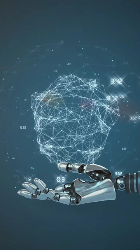 Animation of connections over robot hand on navy background with light Stock Footage 323248488
