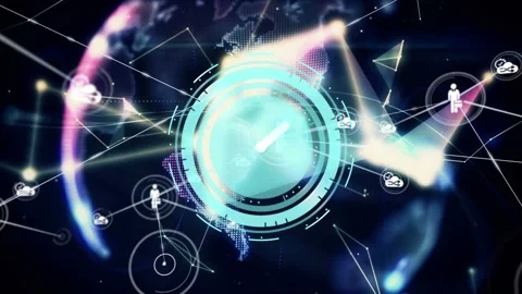 Animation of connections, shapes and clock moving over rotating globe Stock Footage 326626472
