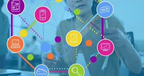 Animation of connections with tech icons over asian woman in office Stock Footage 326297347