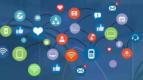 Animation of connections with tech icons over graphs and blue background Stock Footage 330406867