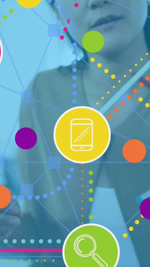 Animation of connections with tech icons over asian woman in office Stock Footage 341956302