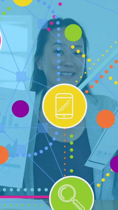 Animation of connections with tech icons over asian woman in office having video Stock Footage 341976443