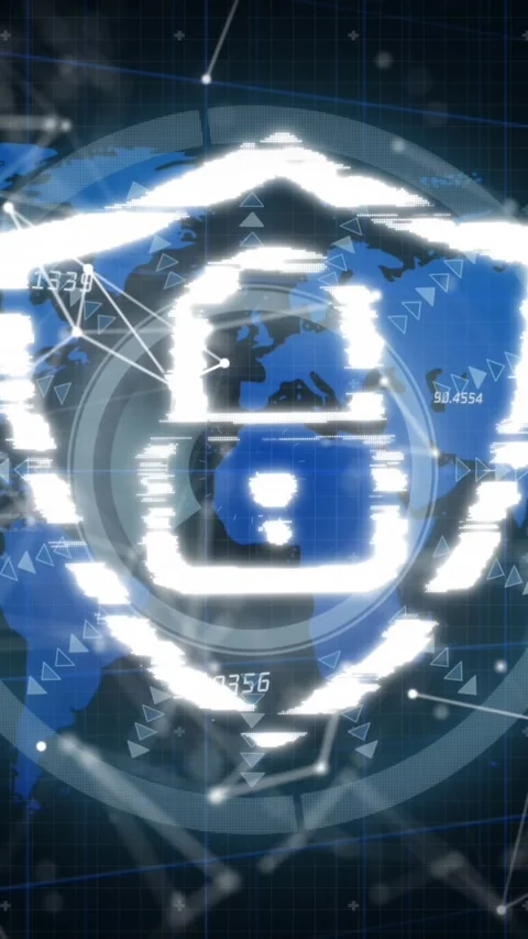 Animation of connections, word map and digital shield with padlock on black Stock Footage 323341908