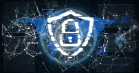 Animation of connections, word map and digital shield with padlock on black Stock Footage 330336374