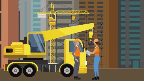 Animation of construction, working on the site buildings at edge of the city Stock Footage 308214804