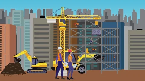 Animation of construction, working on the site buildings at edge of the city Stock-Footage 308214865