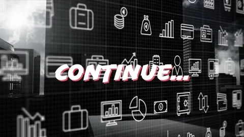 Animation of continue text and icons over cityscape Video stock 328256646