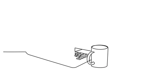 Animation of a continuous drawing of a laptop and a cup in one line. Stock Footage 259867922