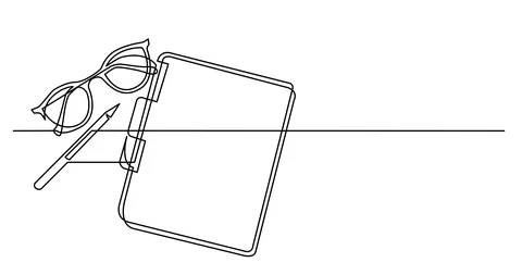 Animation of continuous line drawing of glasses notepad and pencil Stock Footage 96622608