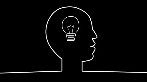 Animation of a continuous line drawing a human head with a light bulb inside. Stock Footage 315152355
