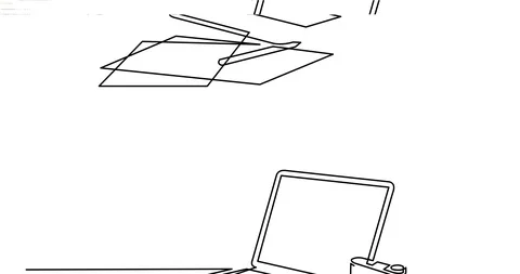 Animation of continuous line drawing of laptop computer notepad and photo cam Stock Footage 96629946