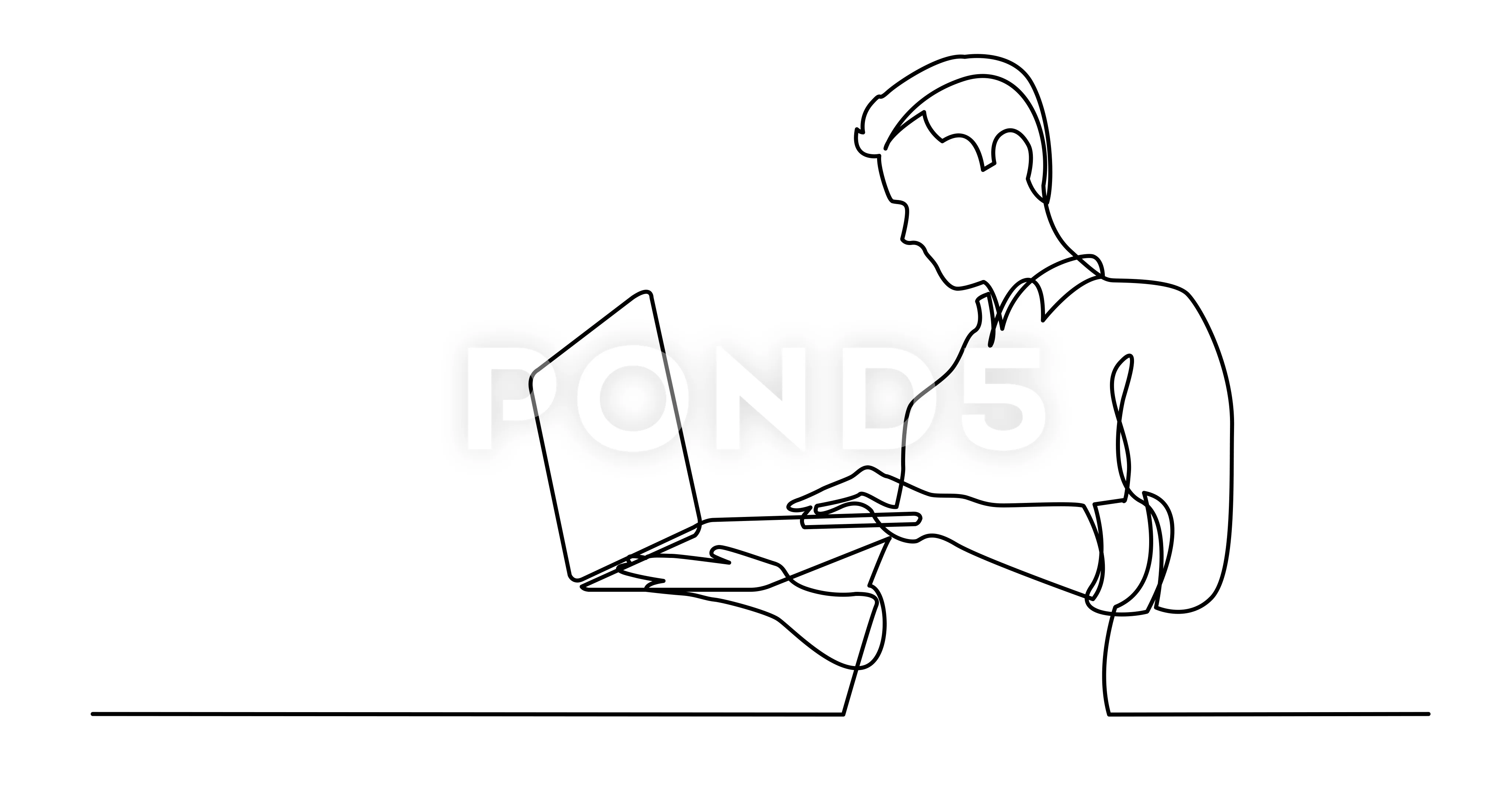 Drawing the Continuous Line of Business man Watching a Laptop Computer  Stock Vector | Adobe Stock