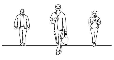 Animation of continuous line drawing of people in protective masks walking on Stock Footage 129718645
