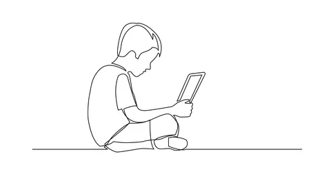 Animation of continuous line drawing of sitting boy watching laptop computer Stock Footage 96910378