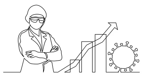Animation of continuous line drawing of standing doctor in mask and protectiv Stock Footage 129718654