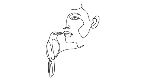 Animation of continuous one single line drawing of isolated woman with bird Video stock 128424904