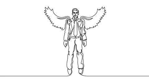 Animation continuous single drawn line businessman with wings. A soaring drea Video stock 88363349