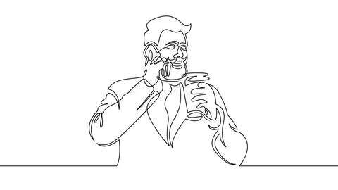 Animation continuous single drawn line man talking on the phone drinking coff Video stock 88363353