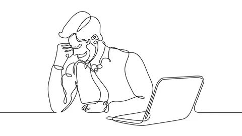 Animation continuous single drawn line thinking man businessman behind laptop Stock Footage 88363408