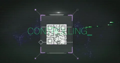 Animation of controlling text in green over qr code and fingerprint scanning on Stock Footage 328351467