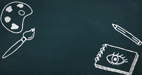 Animation of copy space on board over school items icons Stock Footage 265559182
