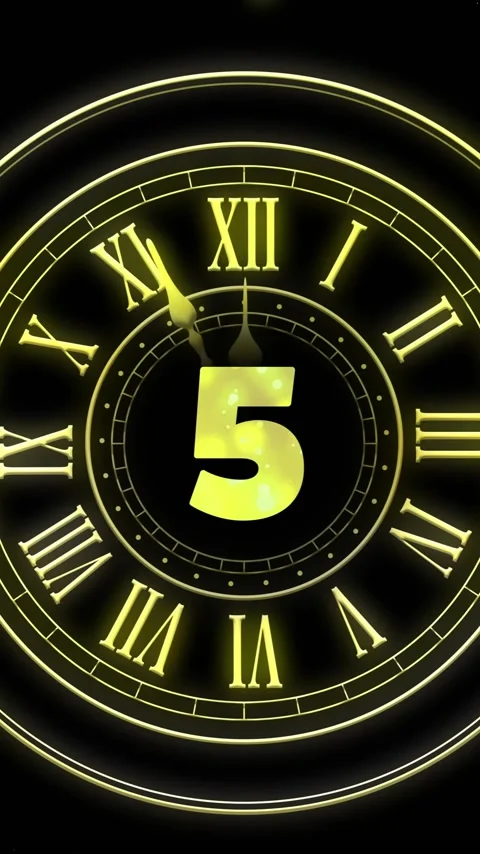 Animation of countdown, clock showing midnight and spots of light on black Stockbeeldmateriaal 343713437