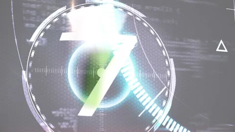Animation of countdown of timer in circle, multicolored glares over computer Stock Footage 327897629