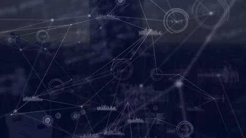 Animation of counter and graphs connected with lines and codes rotating over Stock Footage 330255483