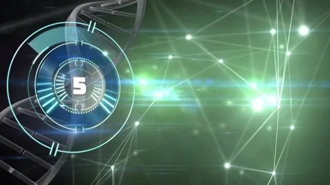 Animation of counting and dna chain over black space with lights Stockbeeldmateriaal 328640872