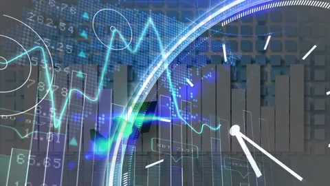 Animation of counting over financial graphs and world map over clock on navy Stock Footage 327007040