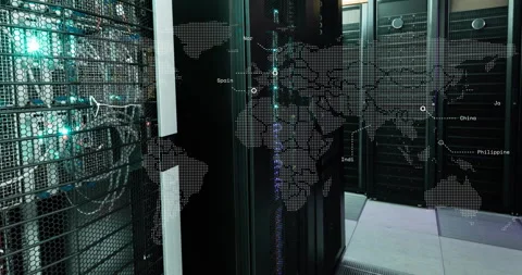 Animation of countries flashing on world map over computer server room Stock Footage 265622130