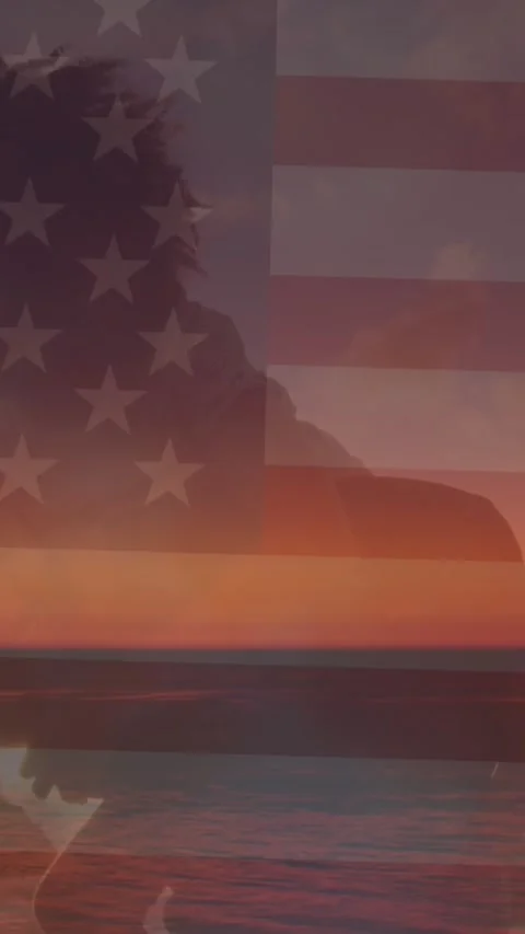Animation of couple on beach and flag of united states of america Stock Footage 344774786
