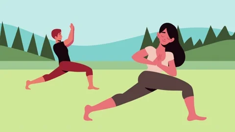 Animation of couple practicing yoga in nature with forest background. 스톡 동영상 339335672