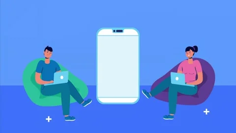 Animation of couple using laptops in bean bags with smartphone social media.. Vídeos de archivo 338315322