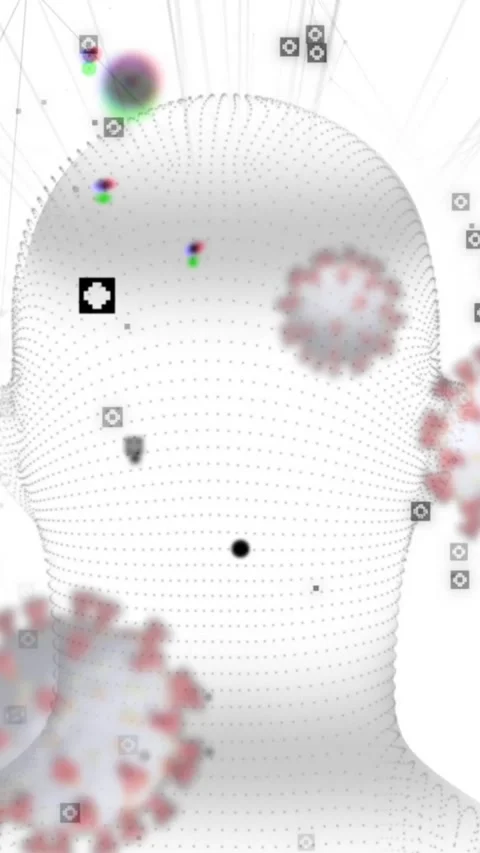 Animation of covid 19 cells with human head spinning and data processing Stock Footage 342097530
